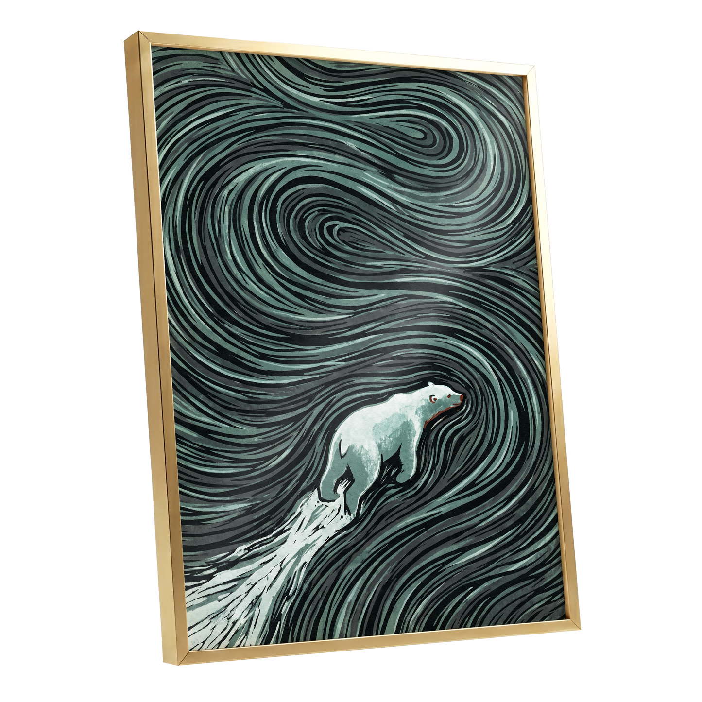 Arctic Current, black, green, gray nature wall art shown as a gold framed poster wall art print