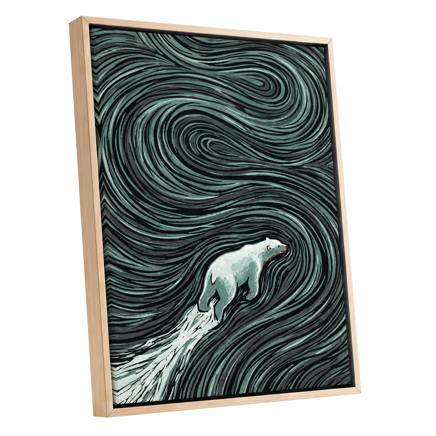 Arctic Current, black, green, gray nature wall art shown as a oak framed canvas wall art