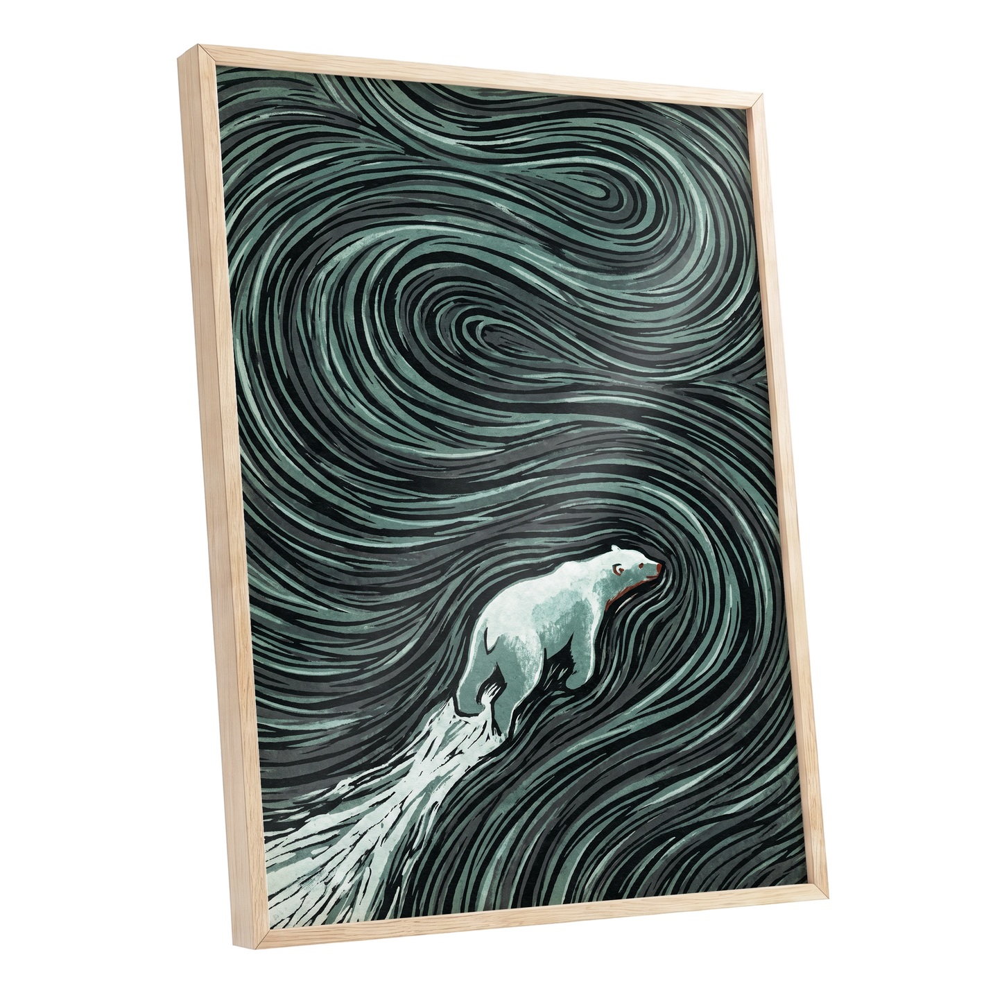 Arctic Current, black, green, gray nature wall art shown as a oak framed poster wall art print