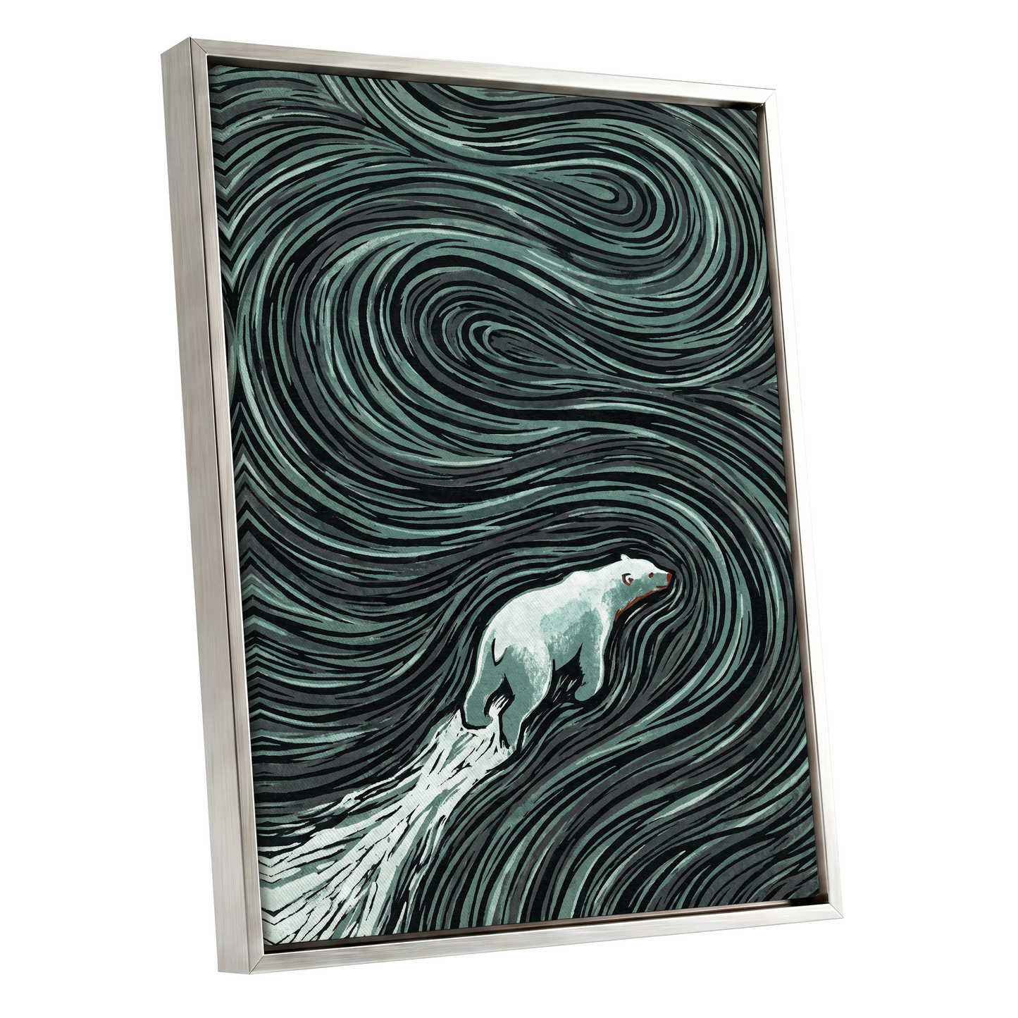Arctic Current, black, green, gray nature wall art shown as a silver framed canvas wall art