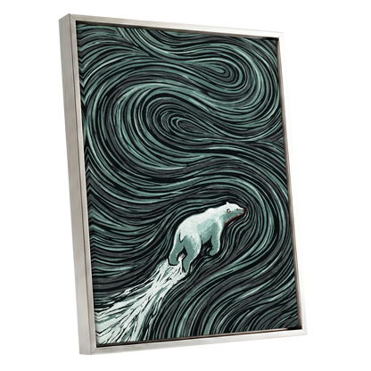 Arctic Current, black, green, gray nature wall art shown as a silver framed canvas wall art