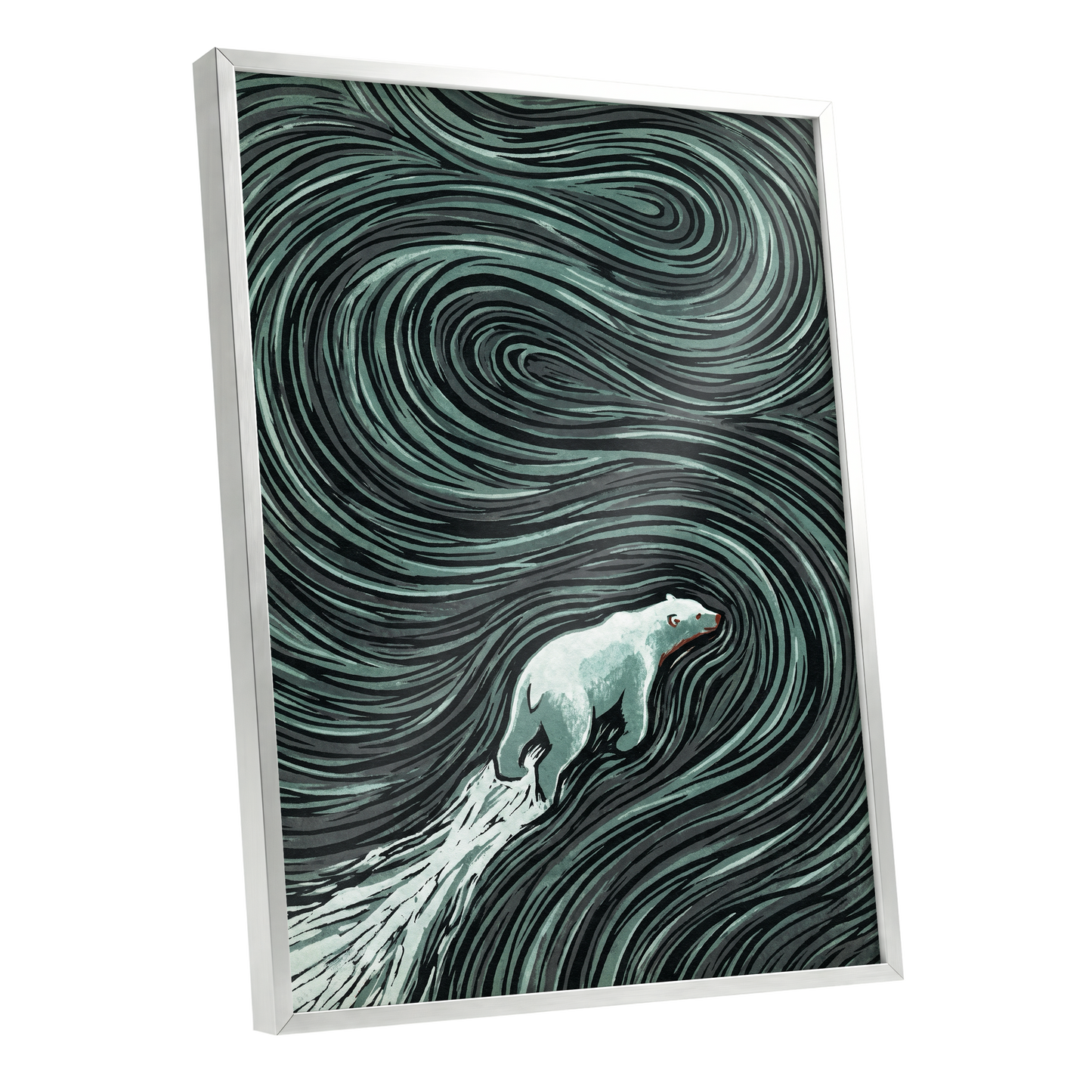 Arctic Current, black, green, gray nature wall art shown as a silver framed poster wall art print