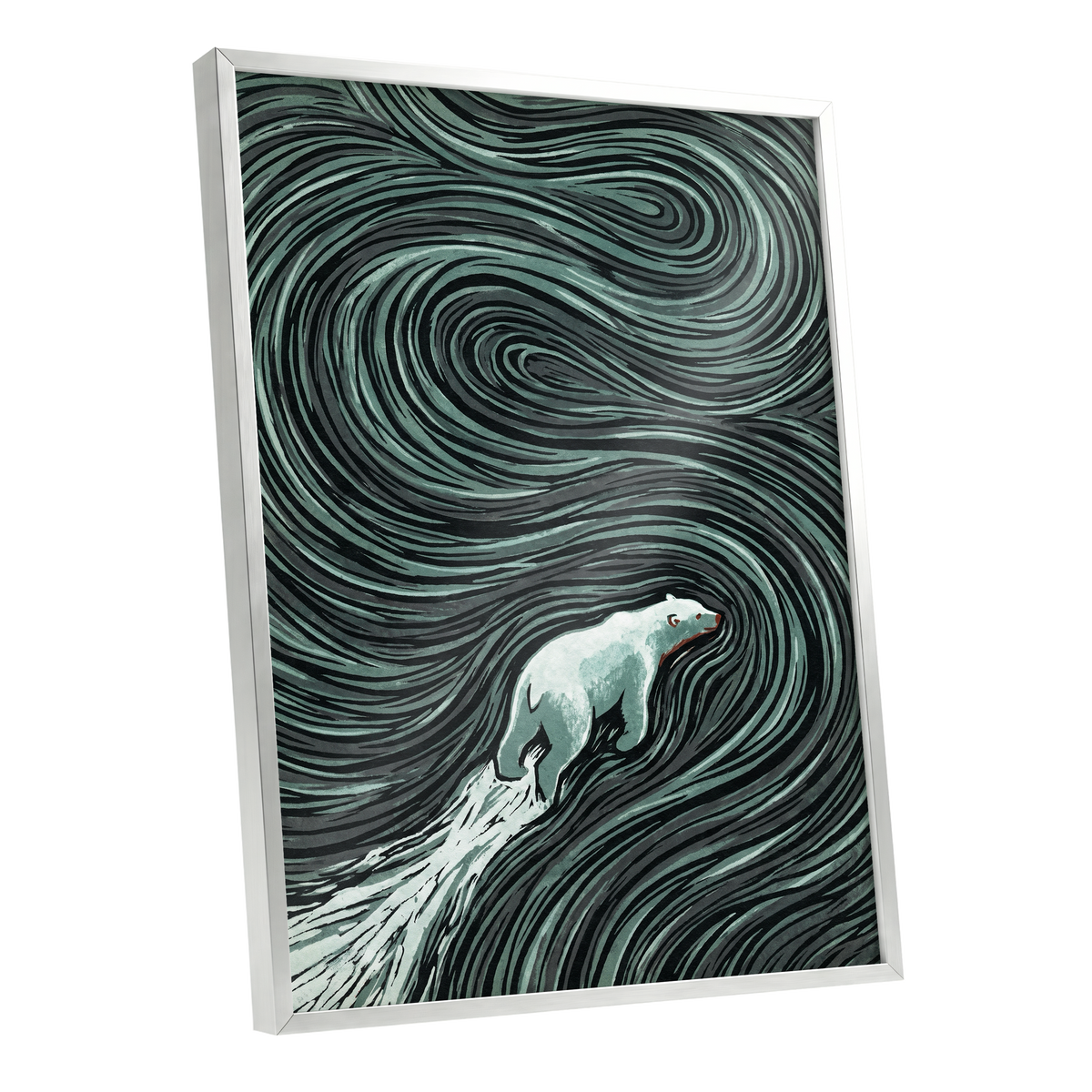 Arctic Current, black, green, gray nature wall art shown as a silver framed poster wall art print