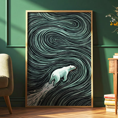 Arctic Current, black, green, gray nature wall art displayed in a styled interior, gallery view 2