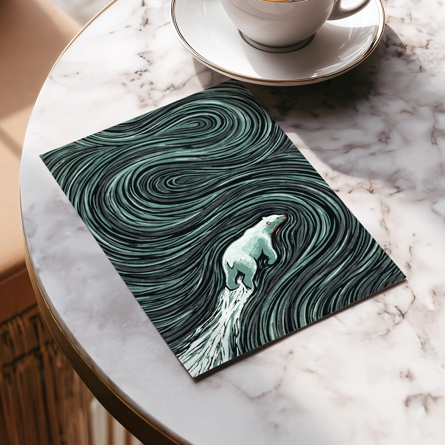 Arctic Current, black, green, gray nature wall art displayed in a styled interior, gallery view 5