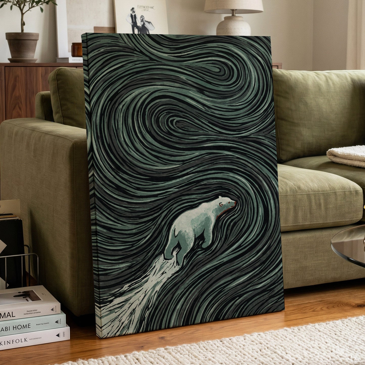 Arctic Current, black, green, gray nature wall art displayed in a styled interior, gallery view 7
