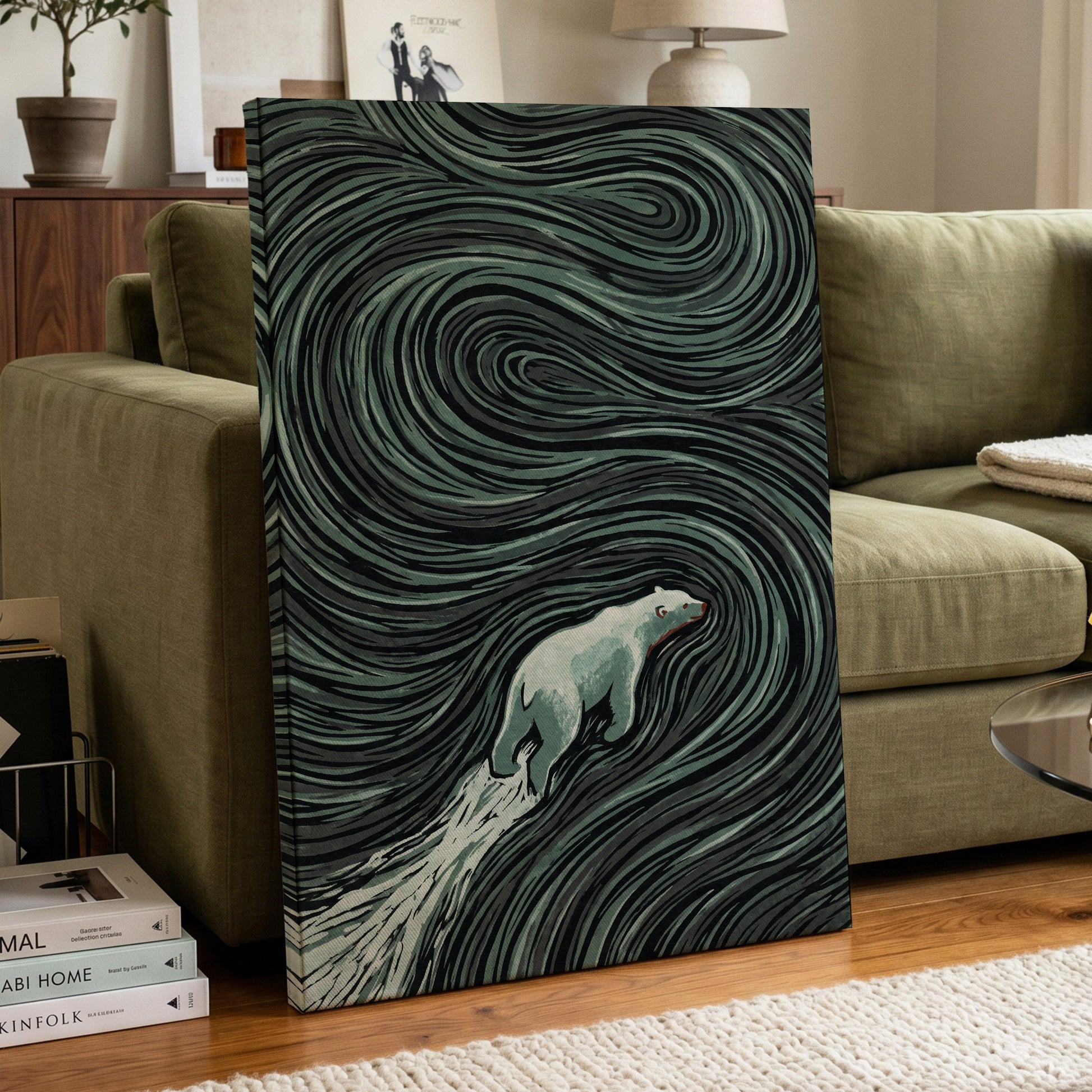 Arctic Current, black, green, gray nature wall art displayed in a styled interior, gallery view 7