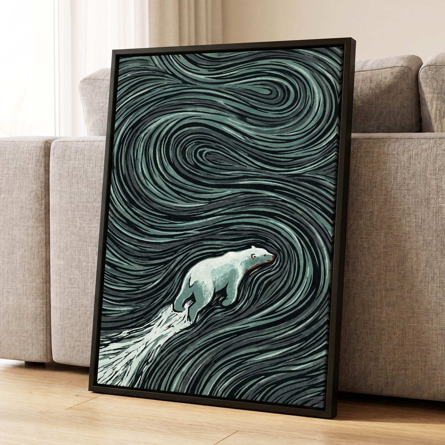 Arctic Current, black, green, gray nature wall art displayed in a styled interior, gallery view 8