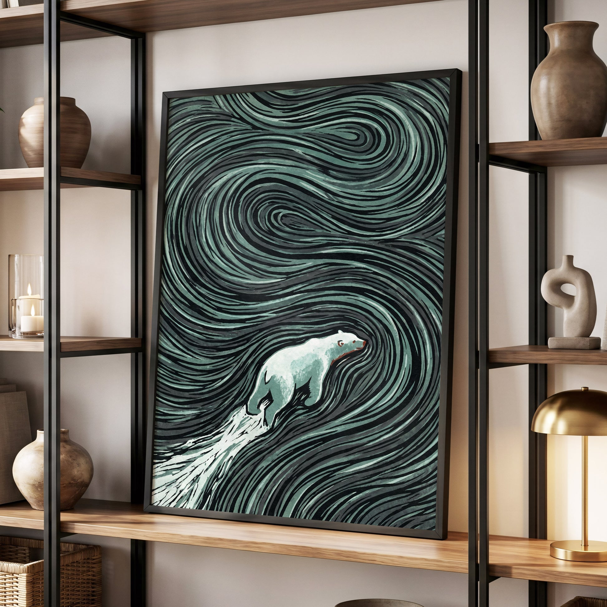 Arctic Current, black, green, gray nature wall art displayed in a styled interior, gallery view 9