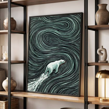 Arctic Current, black, green, gray nature wall art displayed in a styled interior, gallery view 9