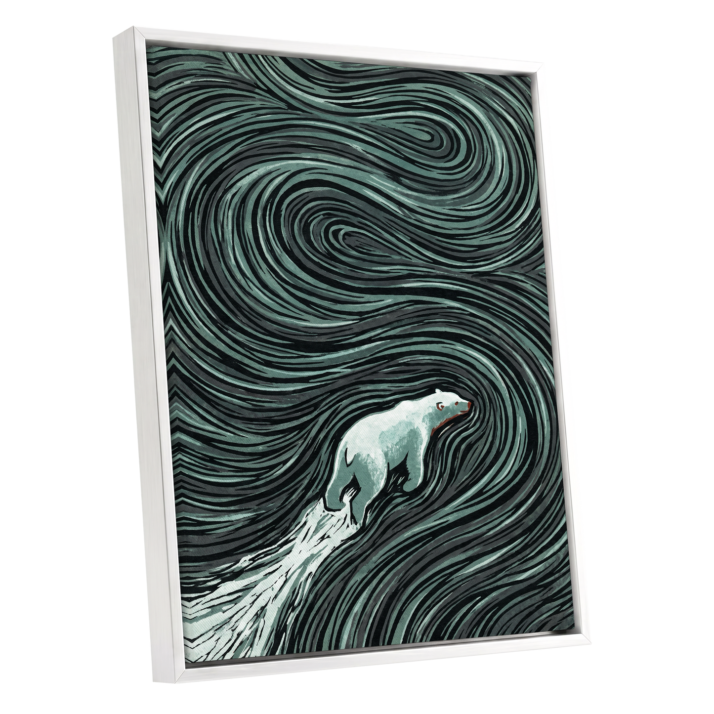 Arctic Current, black, green, gray nature wall art shown as a white framed canvas wall art