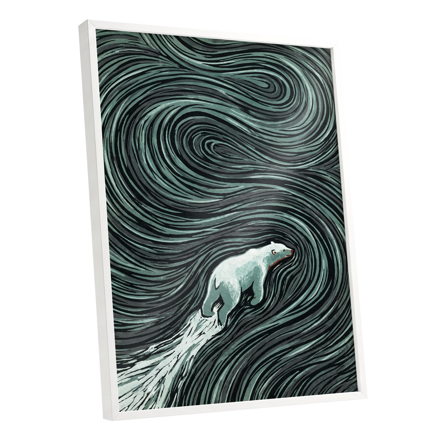 Arctic Current, black, green, gray nature wall art shown as a white framed poster wall art print