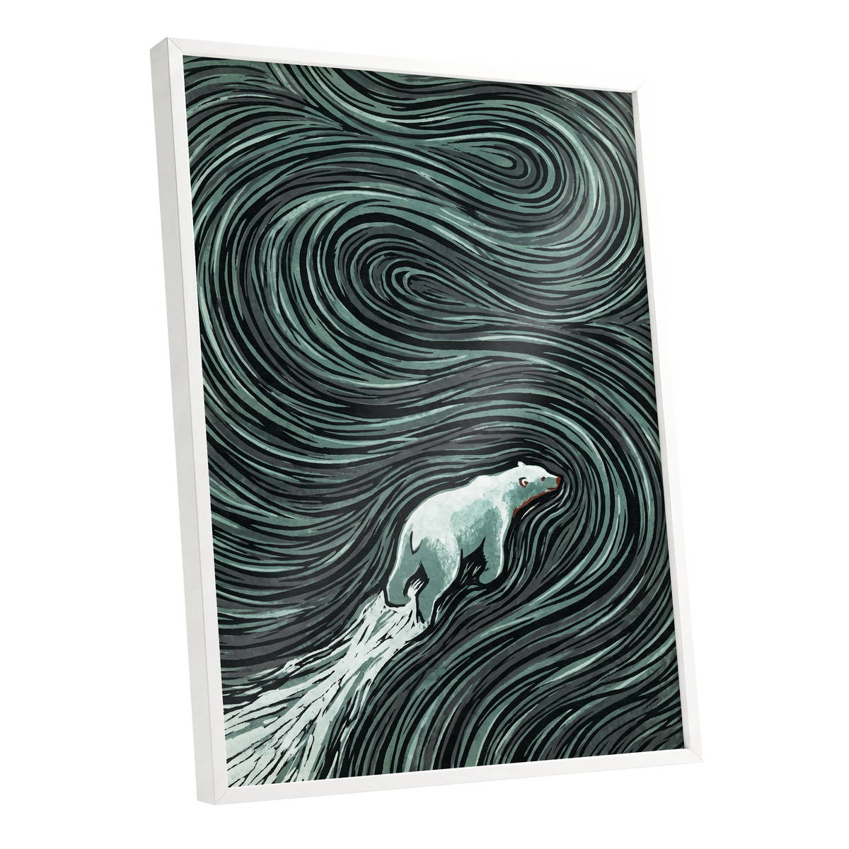 Arctic Current, black, green, gray nature wall art shown as a white framed poster wall art print