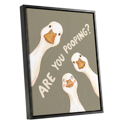 Are You Pooping?, gray, white, beige nature wall art shown as a black framed canvas wall art