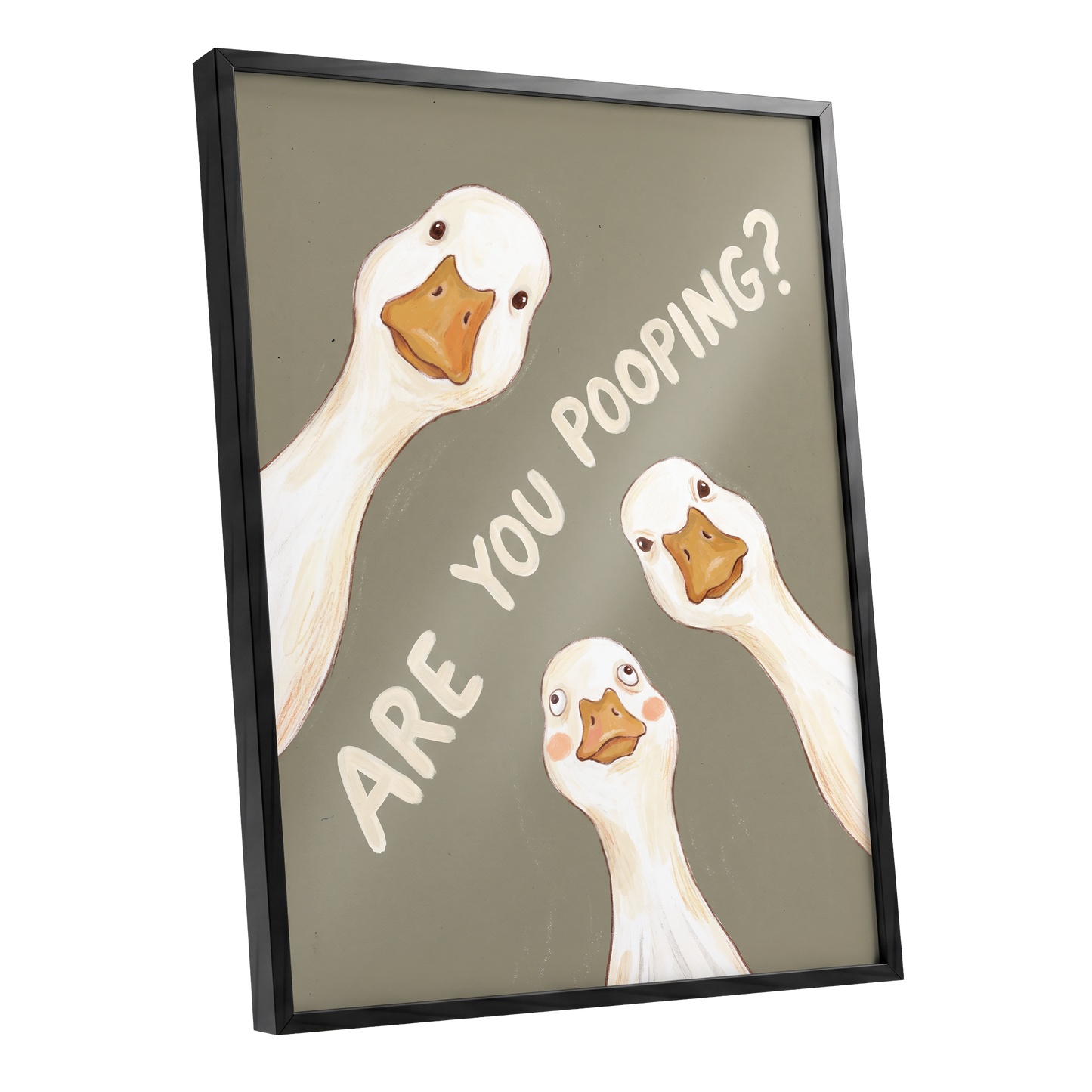 Are You Pooping?, gray, white, beige nature wall art shown as a black framed poster wall art print
