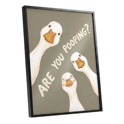 Are You Pooping?, gray, white, beige nature wall art shown as a black framed poster wall art print