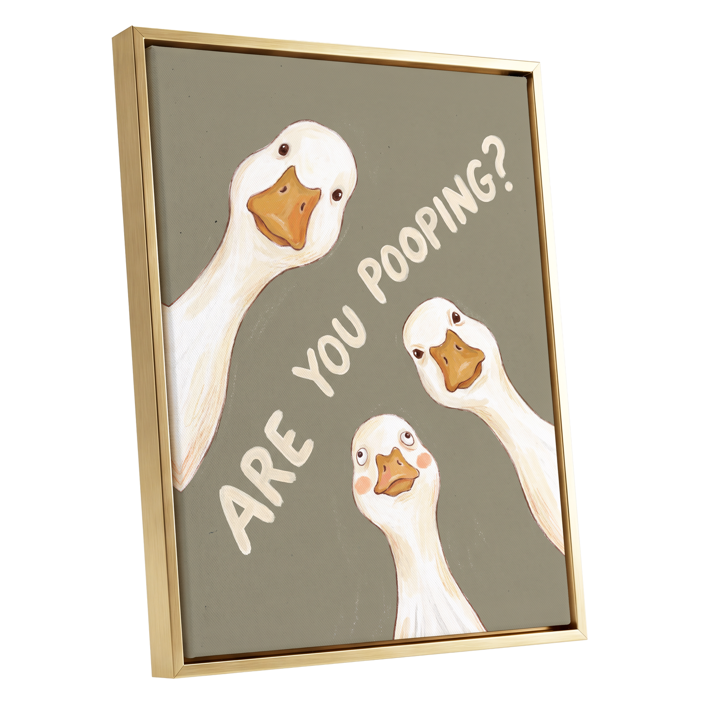 Are You Pooping?, gray, white, beige nature wall art shown as a gold framed canvas wall art