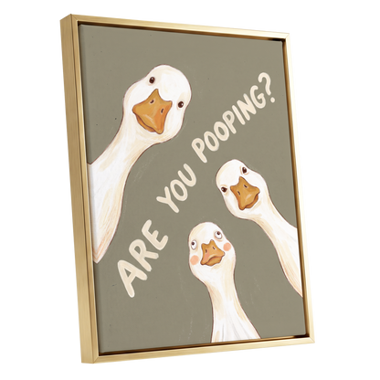 Are You Pooping?, gray, white, beige nature wall art shown as a gold framed canvas wall art