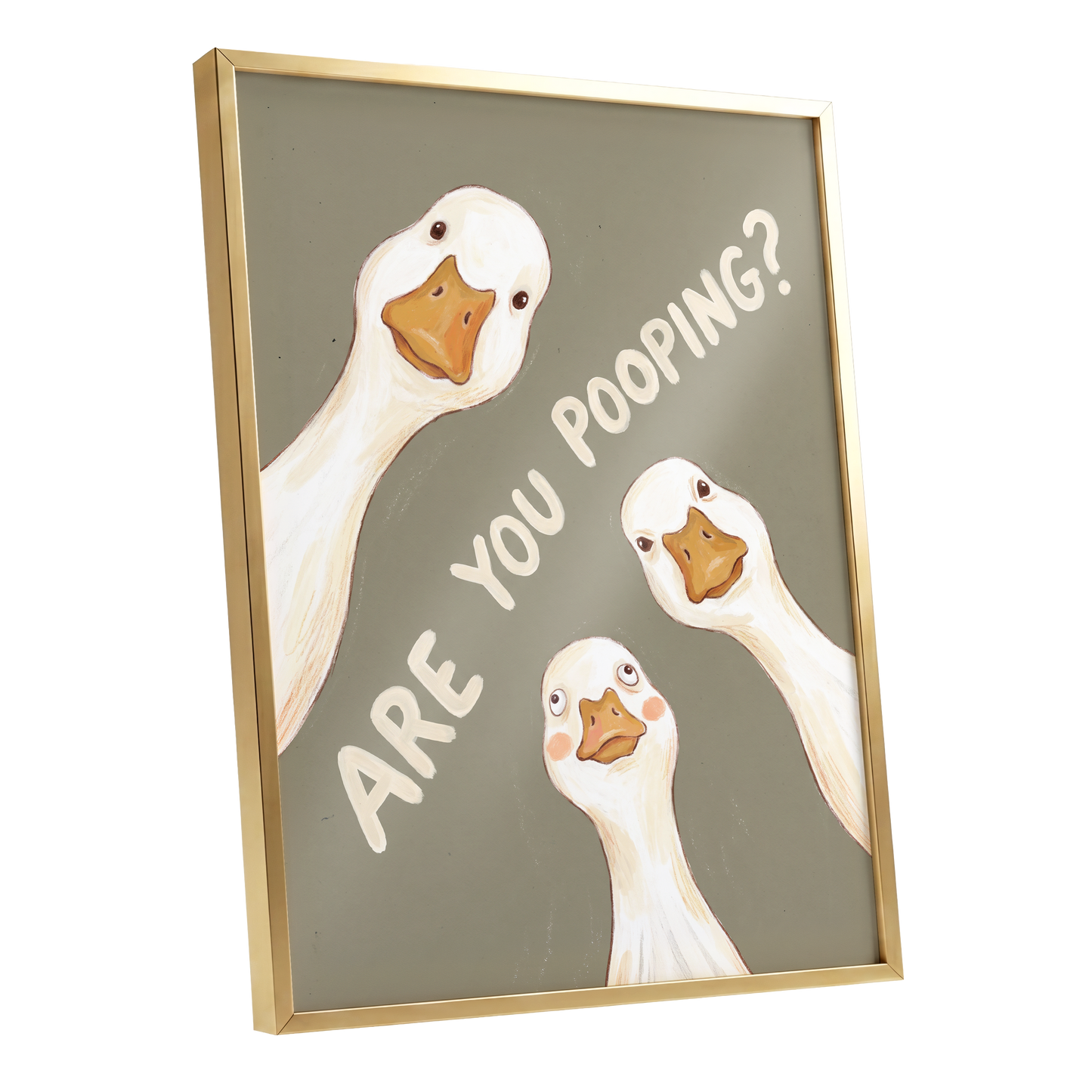 Are You Pooping?, gray, white, beige nature wall art shown as a gold framed poster wall art print