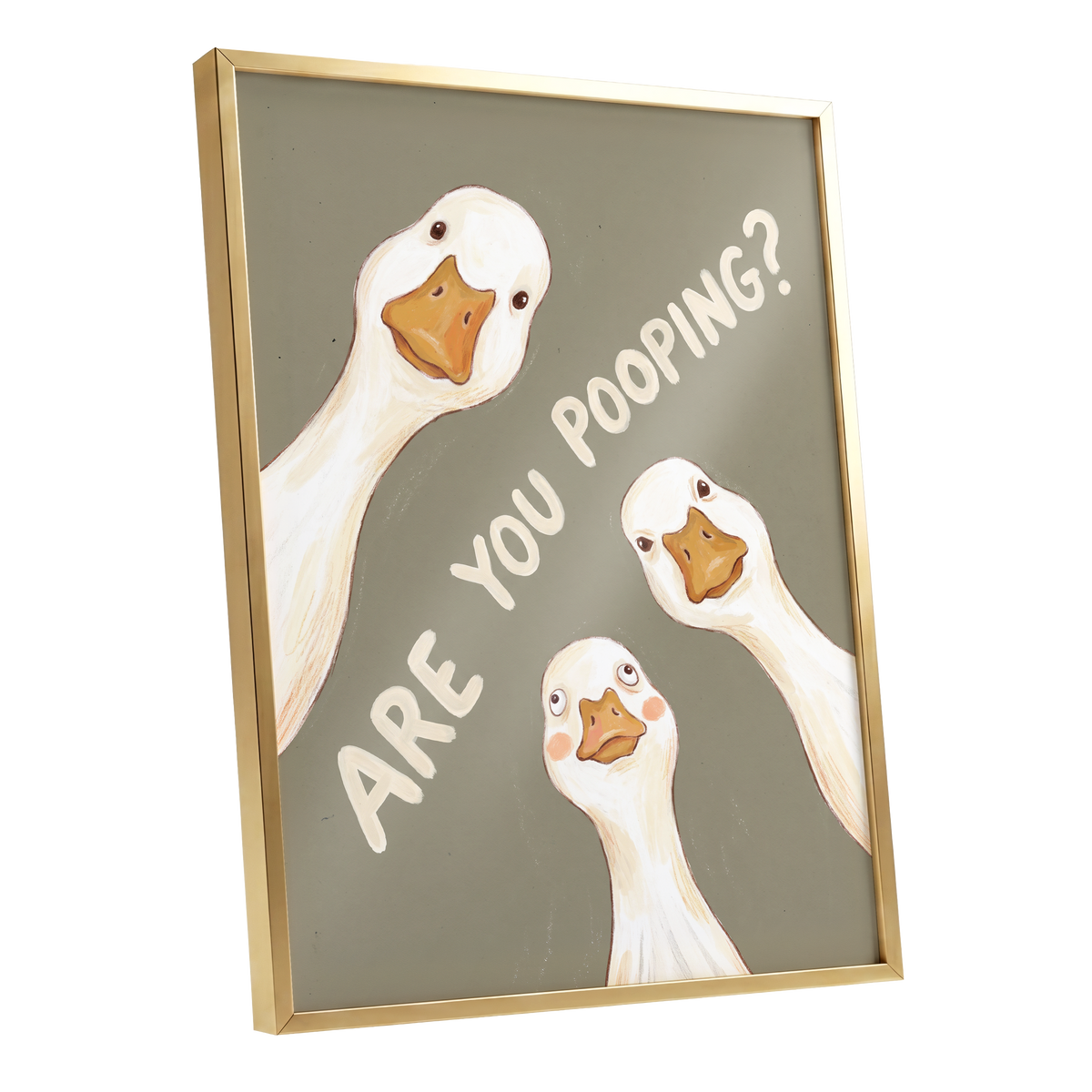Are You Pooping?, gray, white, beige nature wall art shown as a gold framed poster wall art print
