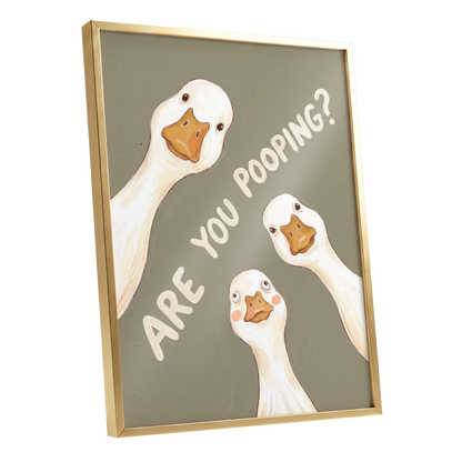 Are You Pooping?, gray, white, beige nature wall art shown as a gold framed poster wall art print
