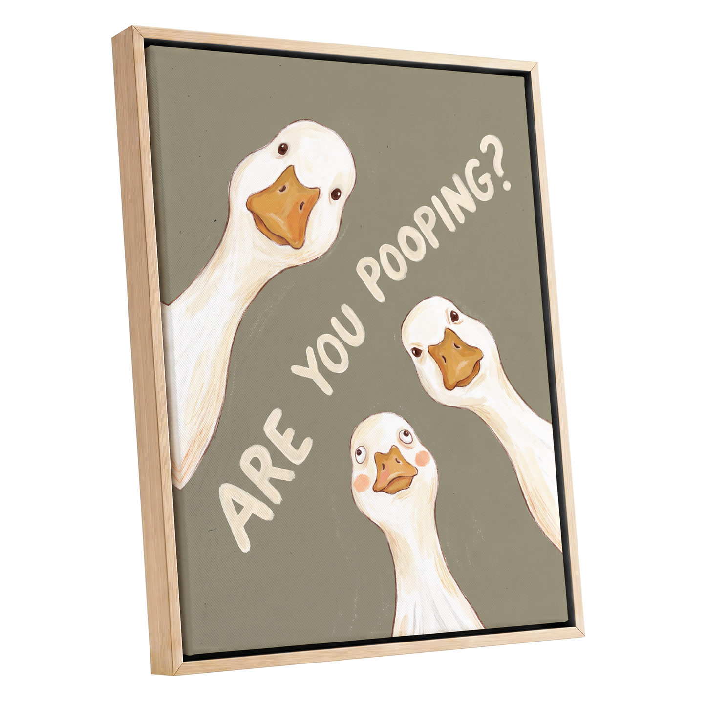 Are You Pooping?, gray, white, beige nature wall art shown as a oak framed canvas wall art
