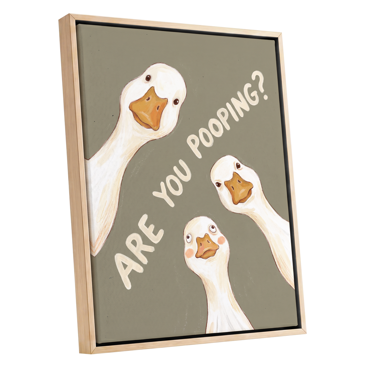 Are You Pooping?, gray, white, beige nature wall art shown as a oak framed canvas wall art
