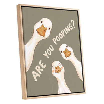 Are You Pooping?, gray, white, beige nature wall art shown as a oak framed canvas wall art