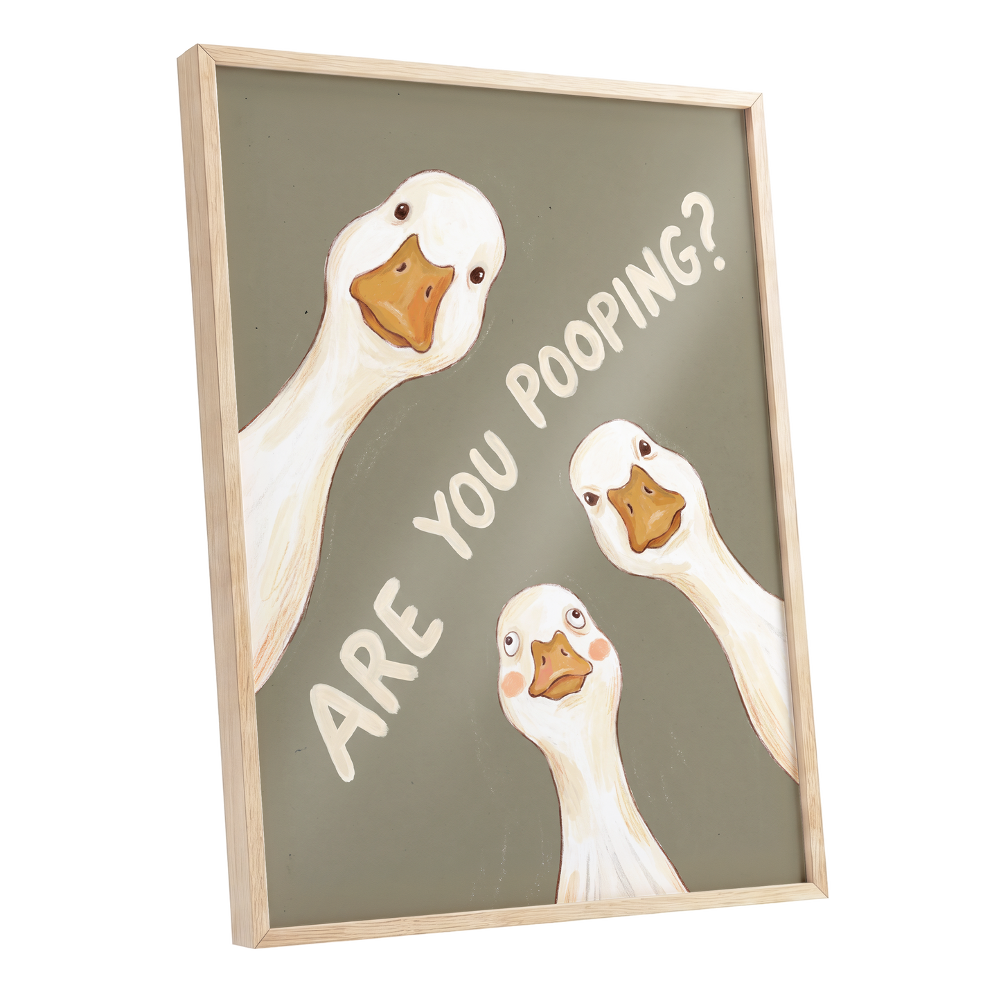 Are You Pooping?, gray, white, beige nature wall art shown as a oak framed poster wall art print