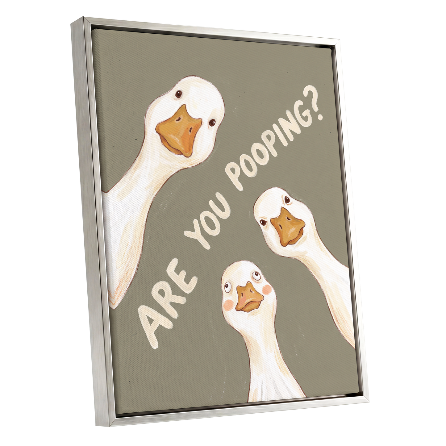 Are You Pooping?, gray, white, beige nature wall art shown as a silver framed canvas wall art