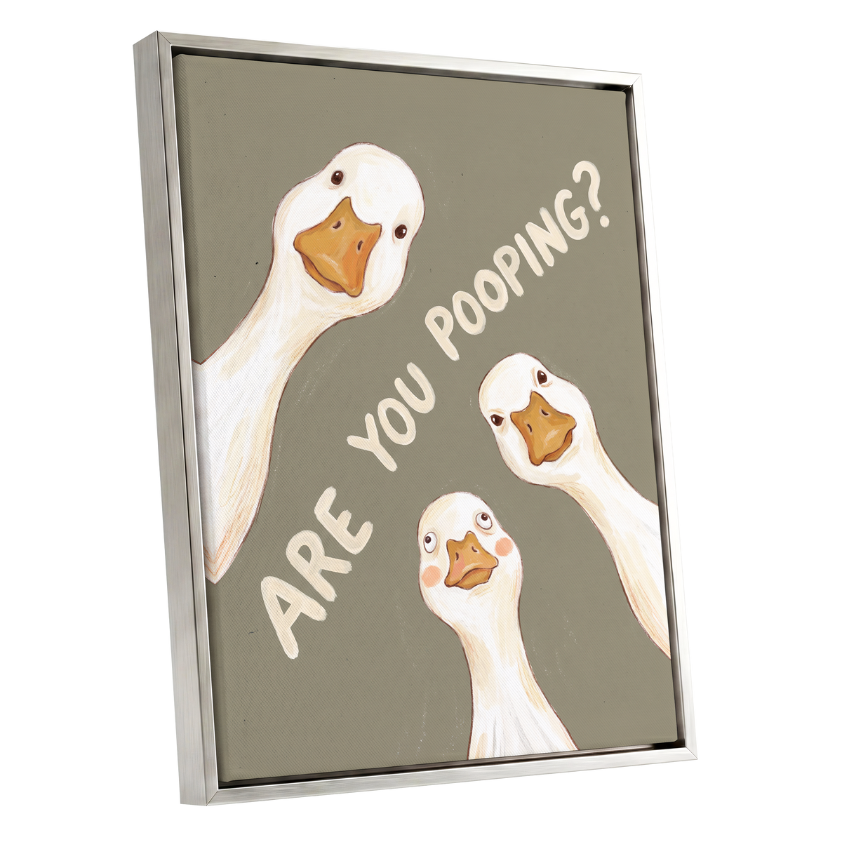 Are You Pooping?, gray, white, beige nature wall art shown as a silver framed canvas wall art