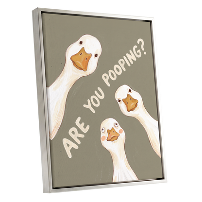 Are You Pooping?, gray, white, beige nature wall art shown as a silver framed canvas wall art