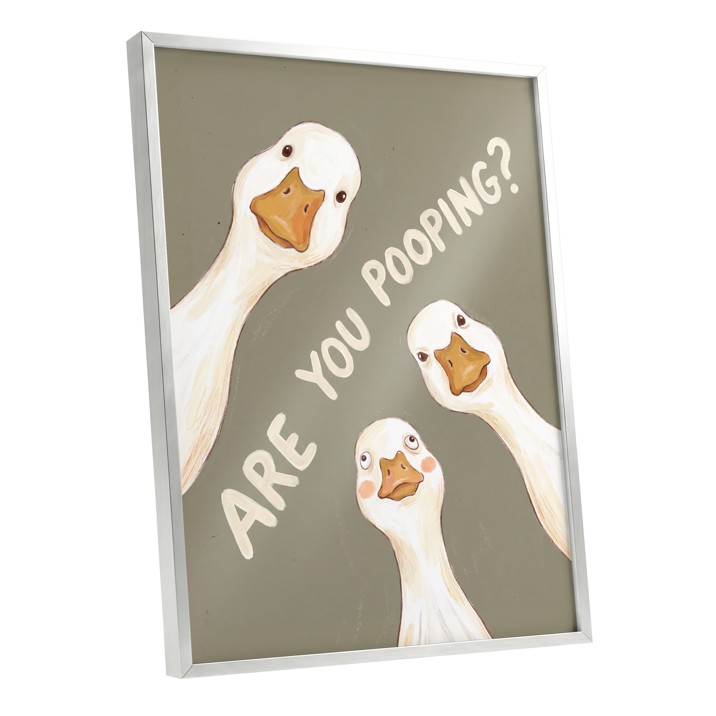 Are You Pooping?, gray, white, beige nature wall art shown as a silver framed poster wall art print