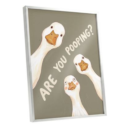 Are You Pooping?, gray, white, beige nature wall art shown as a silver framed poster wall art print