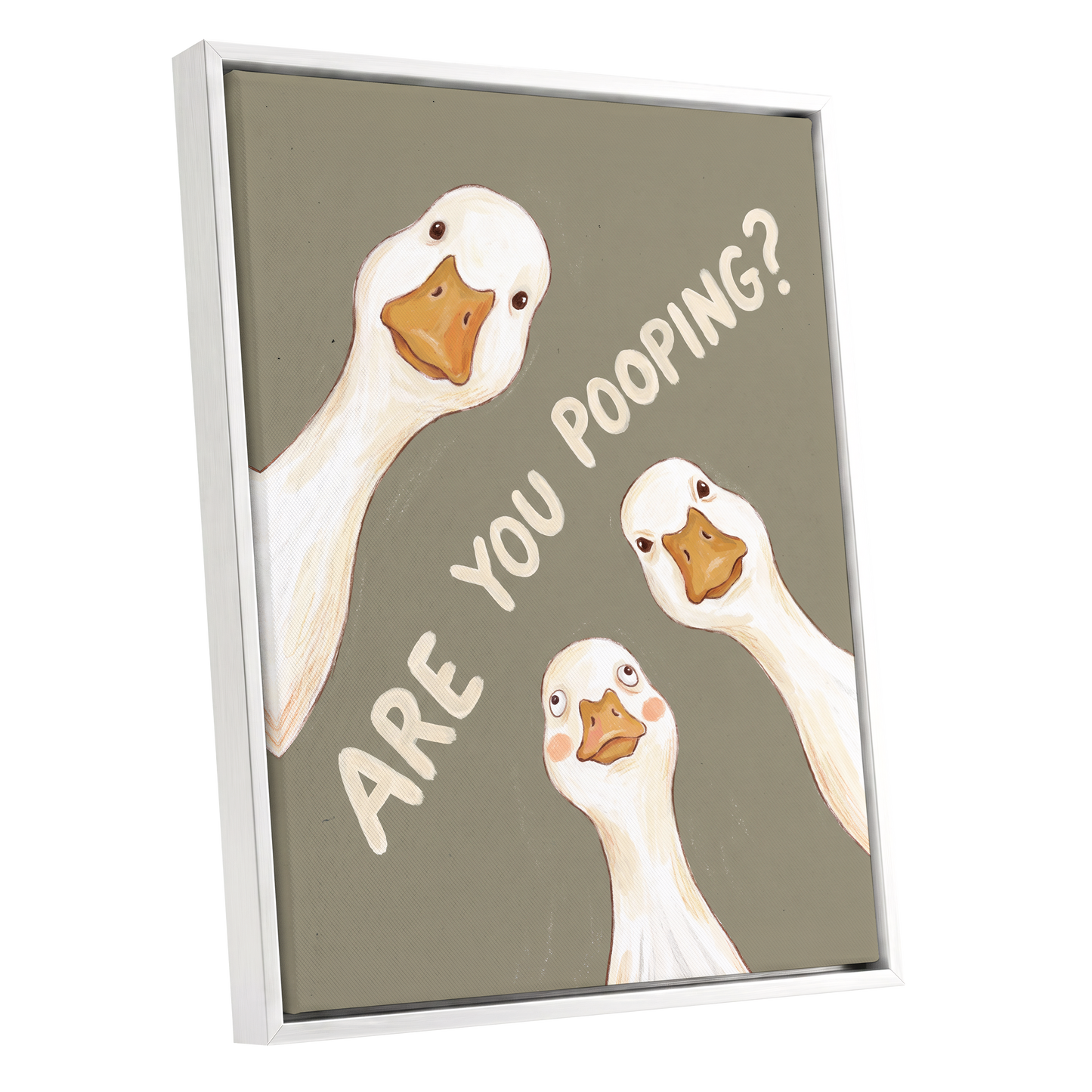 Are You Pooping?, gray, white, beige nature wall art shown as a white framed canvas wall art
