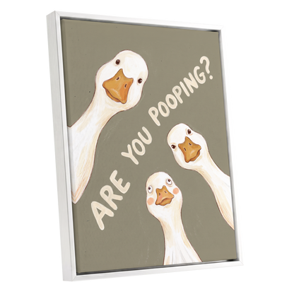 Are You Pooping?, gray, white, beige nature wall art shown as a white framed canvas wall art