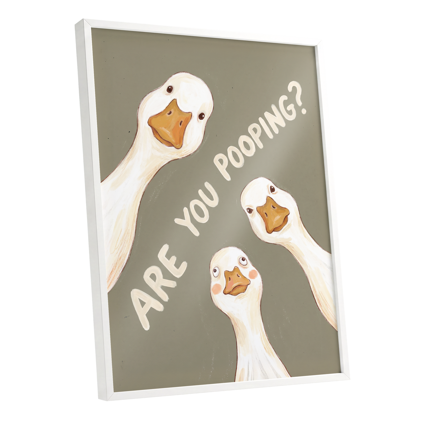 Are You Pooping?, gray, white, beige nature wall art shown as a white framed poster wall art print