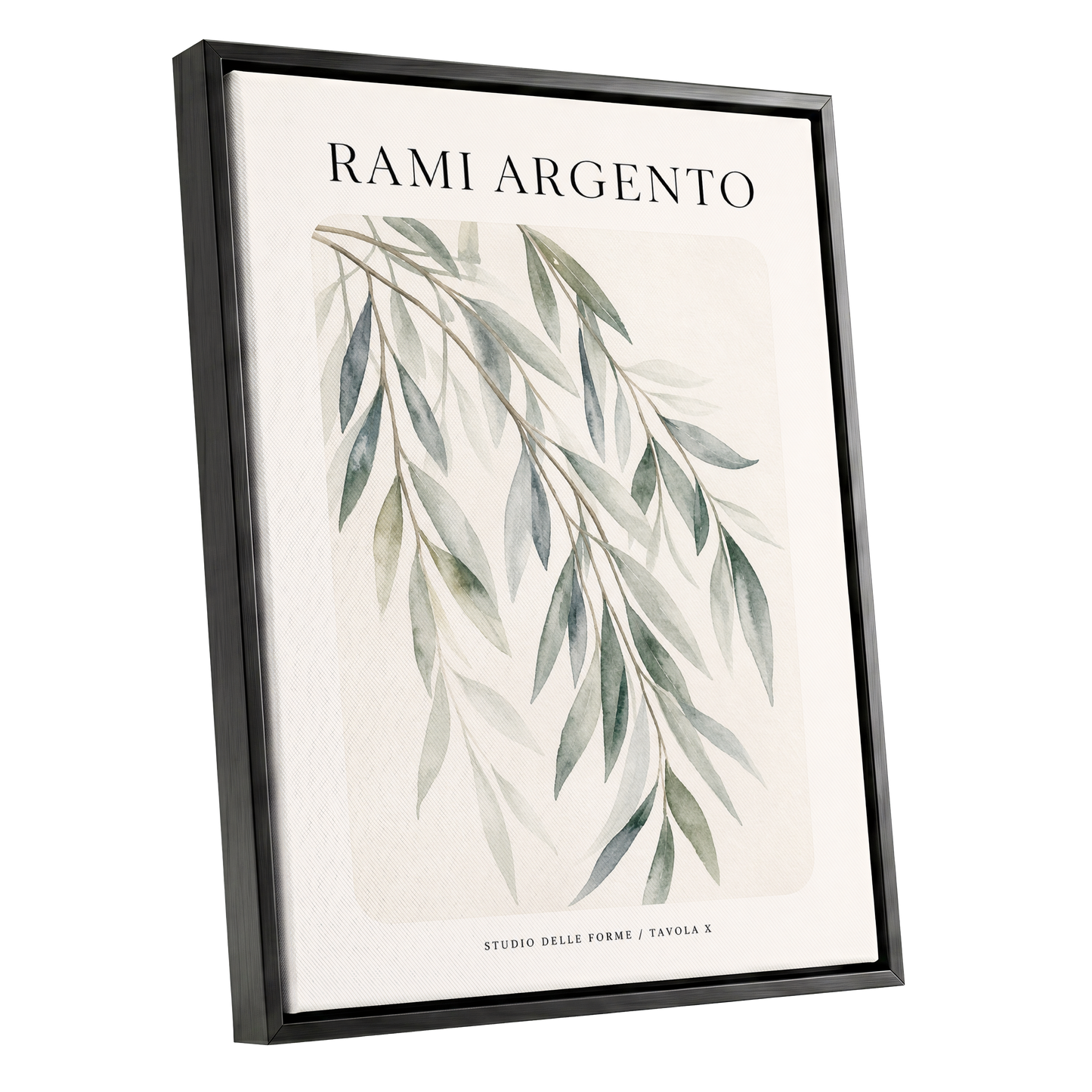 Argento Willow, green, beige, gray nature wall art shown as a black framed canvas wall art