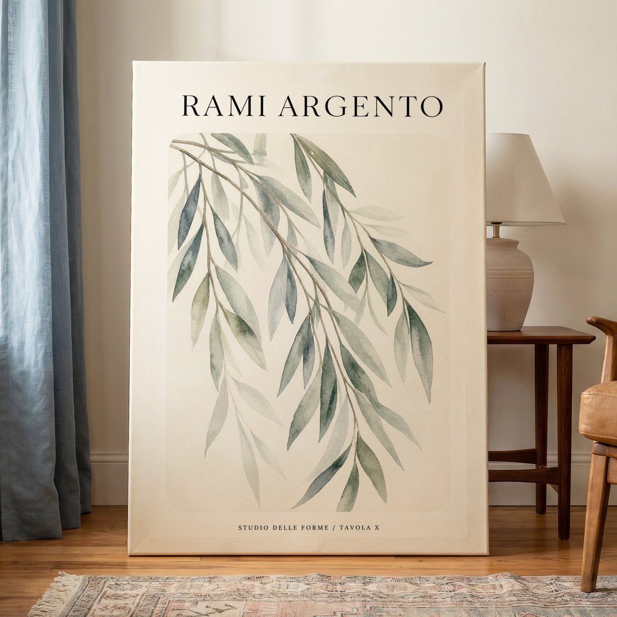 Argento Willow, green, beige, gray nature wall art on canvas displayed in a styled interior, gallery view 1