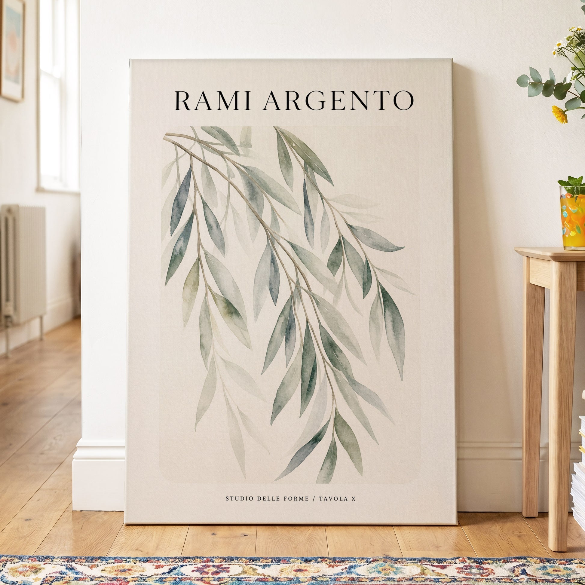 Argento Willow, green, beige, gray nature wall art on canvas displayed in a styled interior, gallery view 2