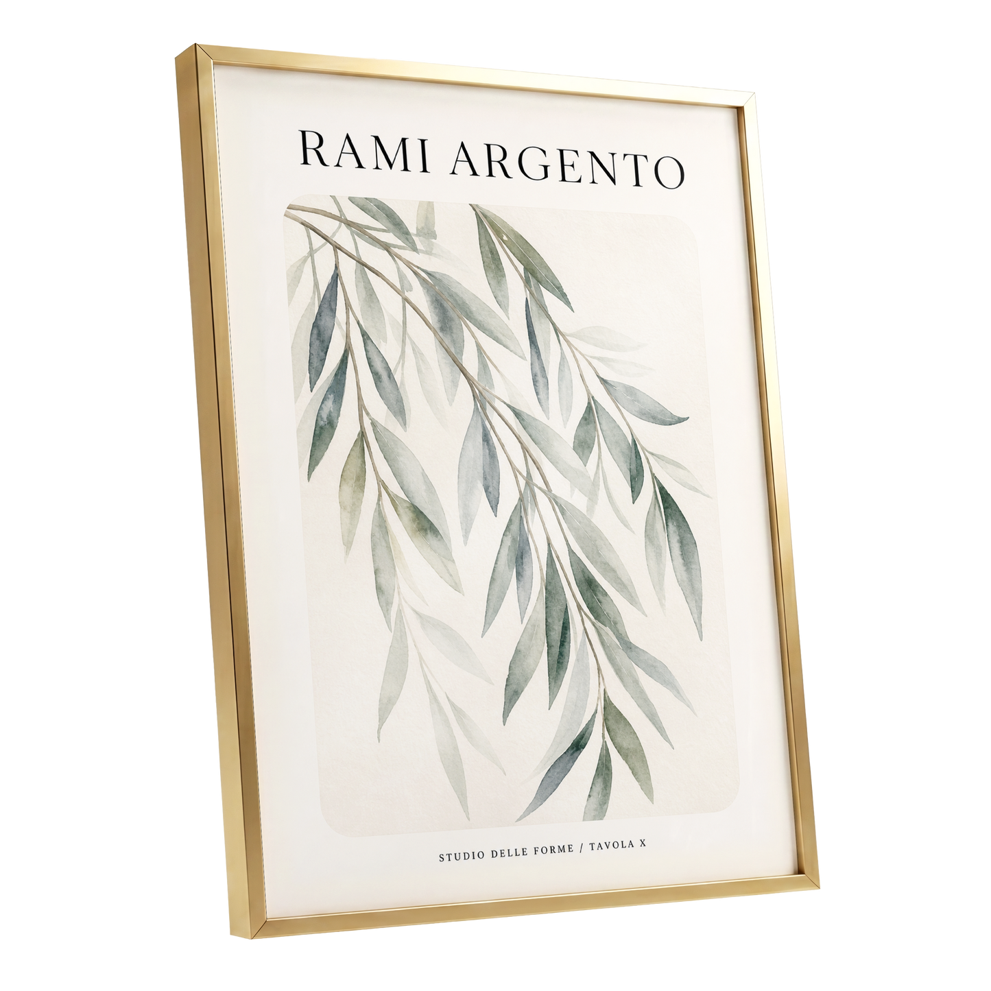 Argento Willow, green, beige, gray nature wall art shown as a gold framed poster wall art print