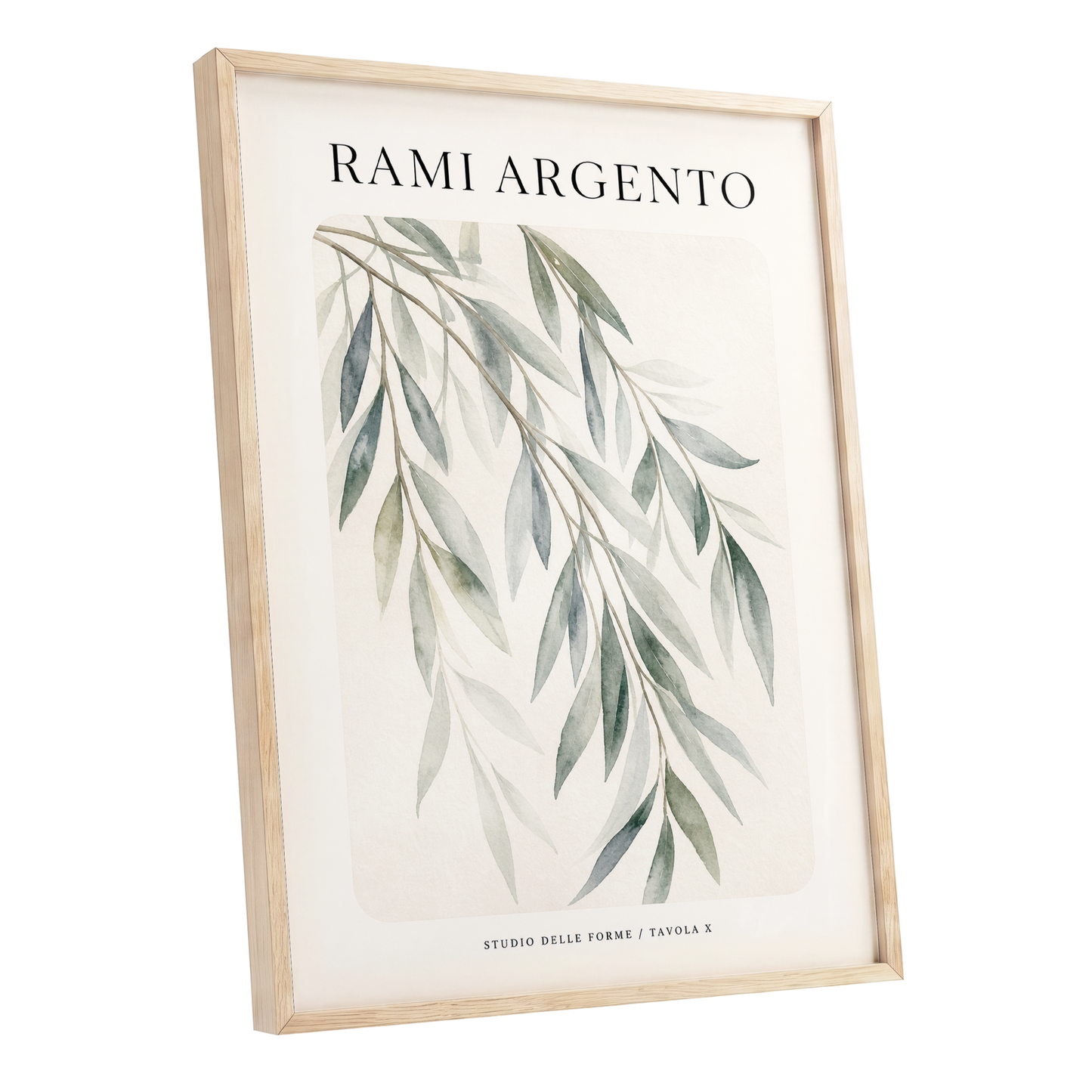 Argento Willow, green, beige, gray nature wall art shown as a oak framed poster wall art print