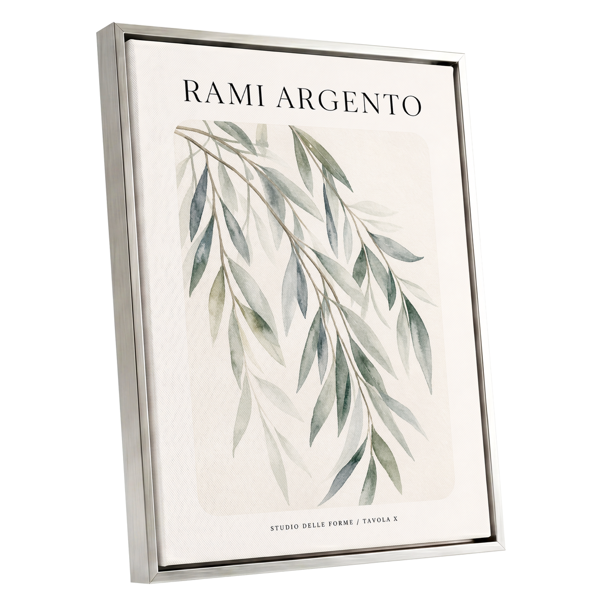 Argento Willow, green, beige, gray nature wall art shown as a silver framed canvas wall art