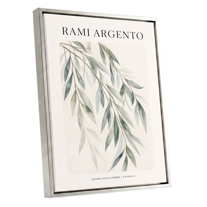 Argento Willow, green, beige, gray nature wall art shown as a silver framed canvas wall art