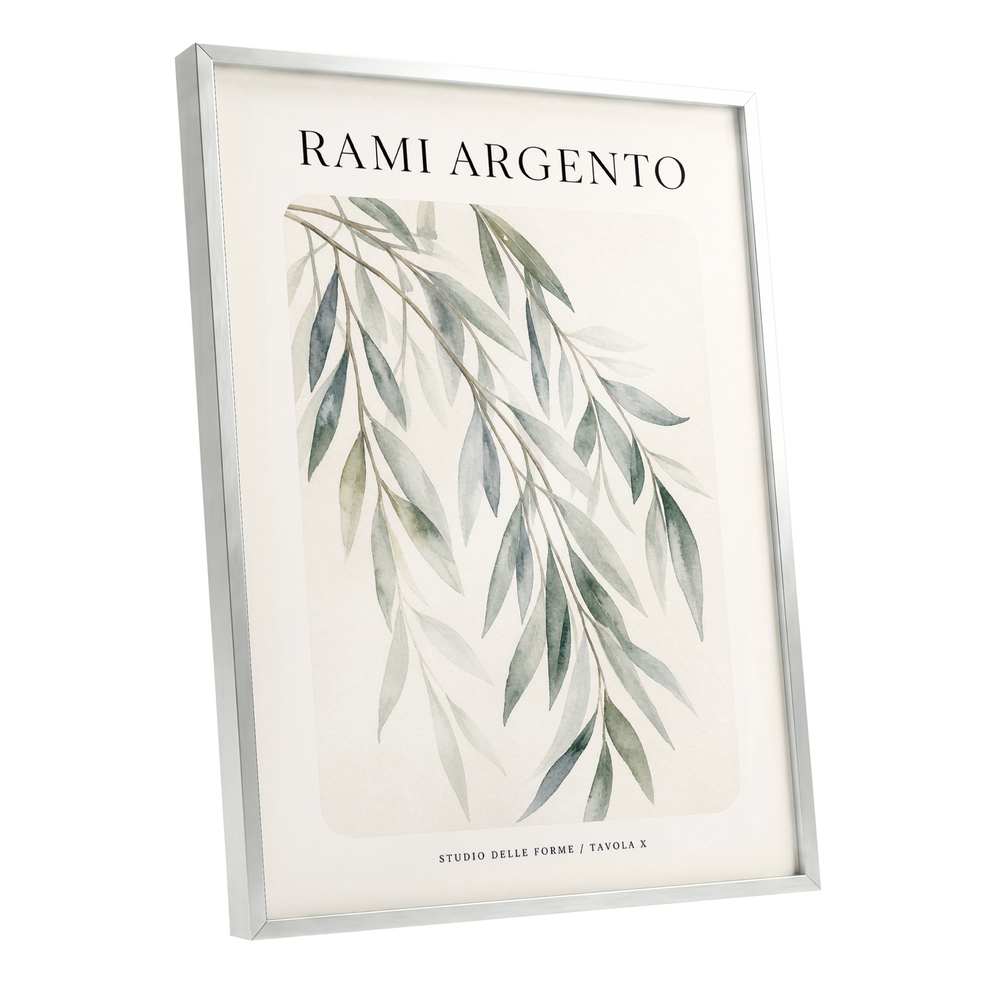 Argento Willow, green, beige, gray nature wall art shown as a silver framed poster wall art print
