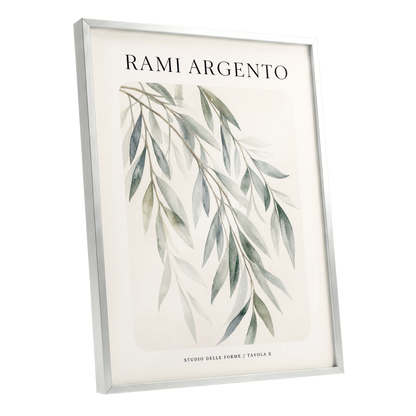 Argento Willow, green, beige, gray nature wall art shown as a silver framed poster wall art print