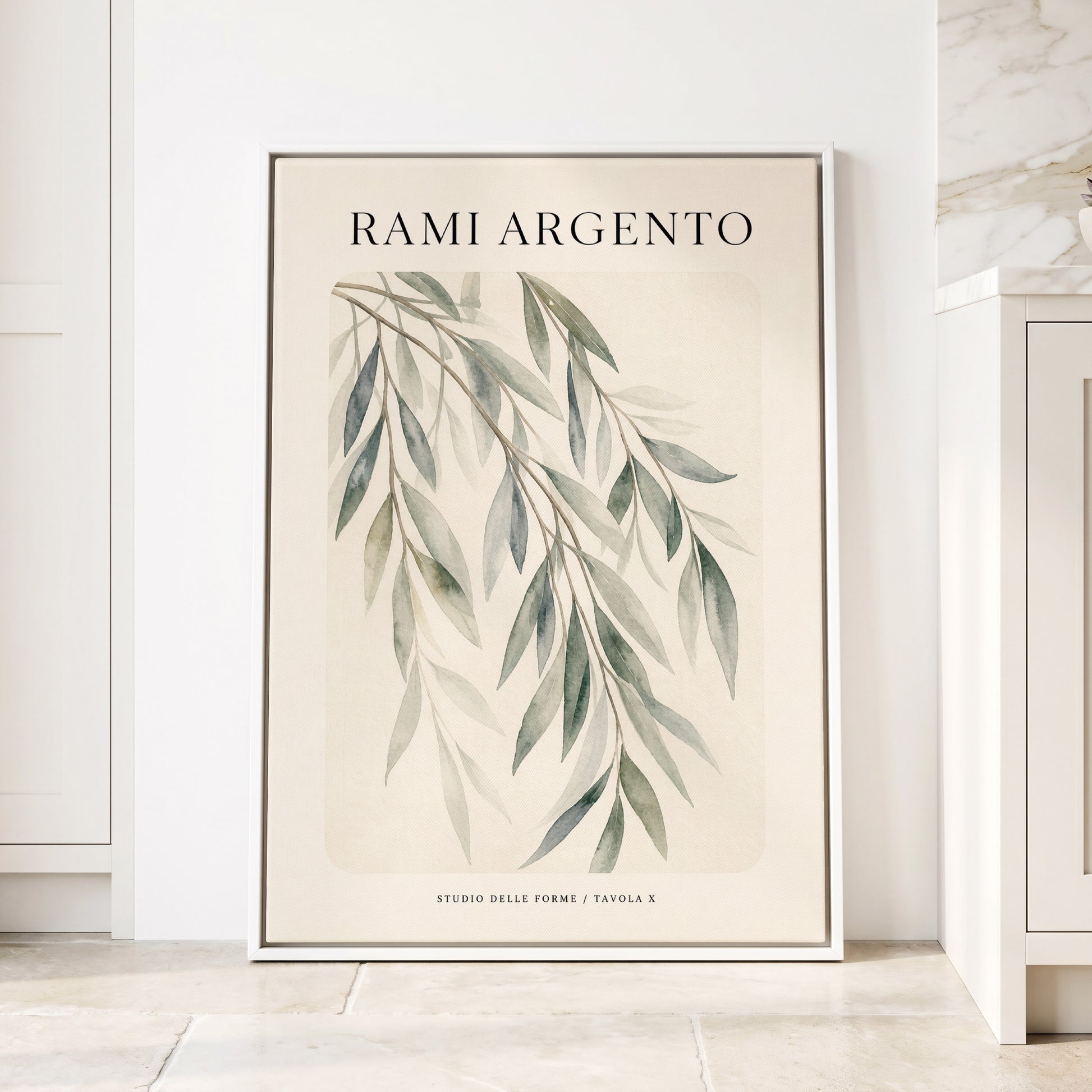 Argento Willow, green, beige, gray nature wall art displayed in a styled interior, gallery view 1