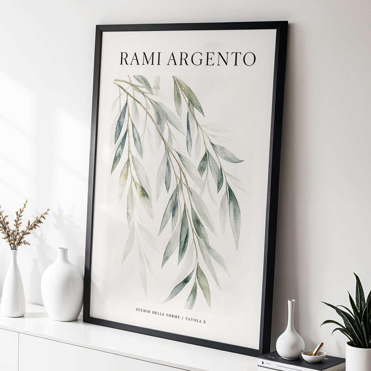 Argento Willow, green, beige, gray nature wall art displayed in a styled interior, gallery view 3