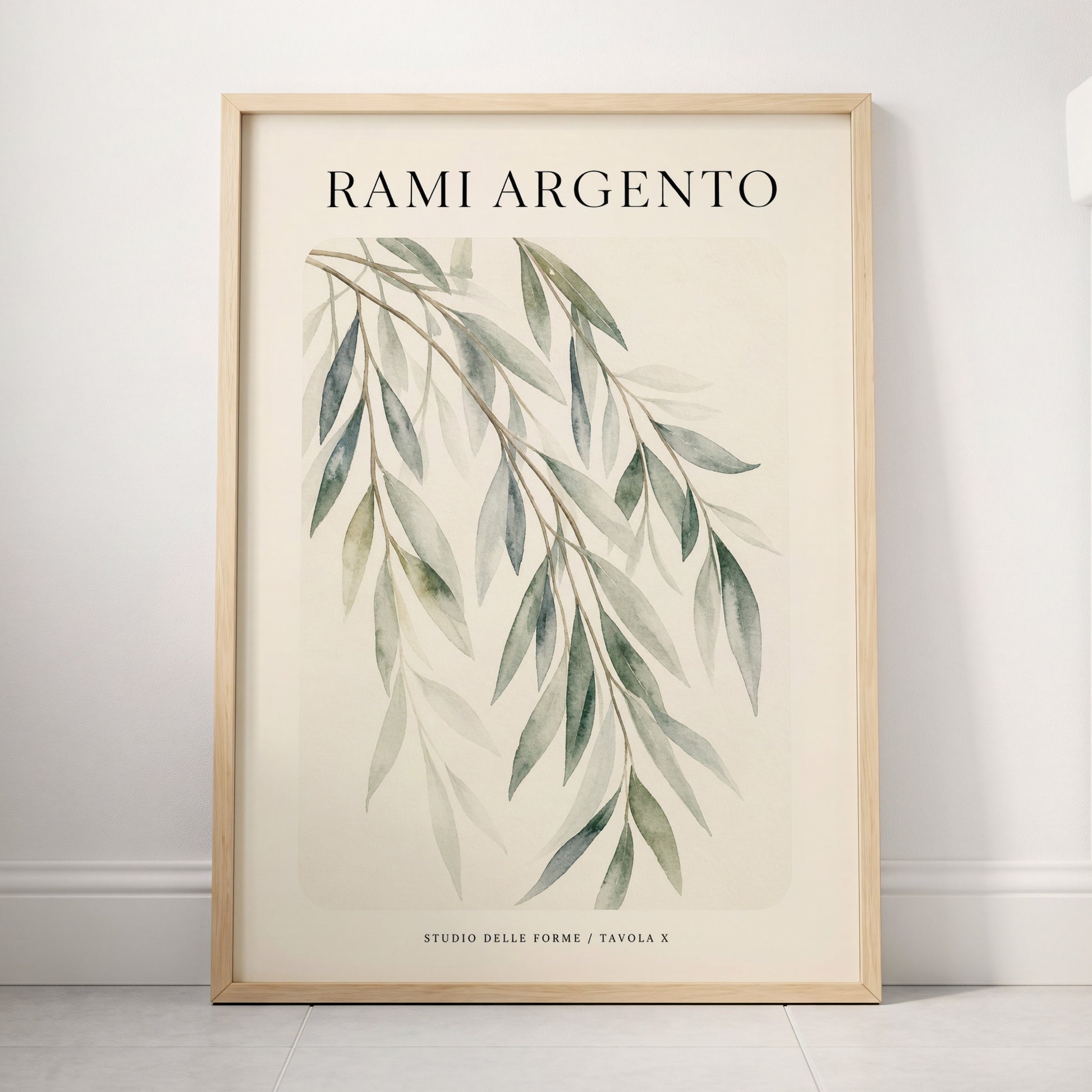 Argento Willow, green, beige, gray nature wall art displayed in a styled interior, gallery view 4