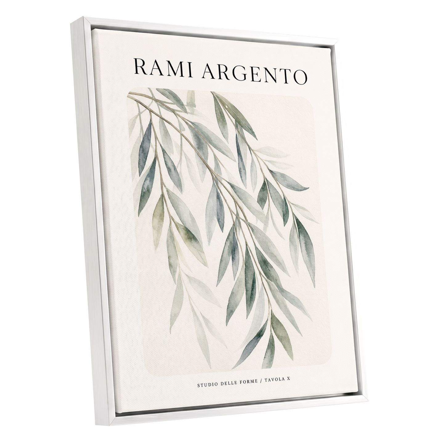 Argento Willow, green, beige, gray nature wall art shown as a white framed canvas wall art